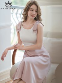 [送料無料][GINZA COUTURE]ホワイト×ピンク・肩リボン・ノースリーブ・Aライン・ハイウエスト・ミディアムドレス・ワンピース[即日発送][大きいサイズあり]