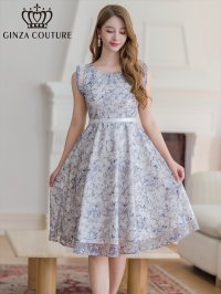 [送料無料][GINZA COUTURE]ブルー・ピンク・フレンチ・フリルスリーブ・総レース・膝丈・Aライン・ワンピース[即日発送][大きいサイズあり]