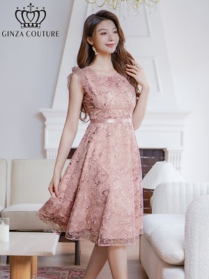 画像2: [送料無料][GINZA COUTURE]ピンク・ブルー・フレンチ・フリルスリーブ・総レース・膝丈・Aライン・ワンピース[即日発送][大きいサイズあり]