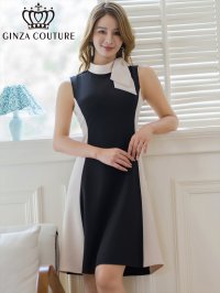 [送料無料][GINZA COUTURE]ブラック×ベージュ・シンプル・バイカラー・ノースリーブ・Aライン・首元リボン・ひざ丈・ミニドレス・ワンピース[即日発送][大きいサイズあり]