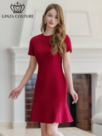 [送料無料][GINZA COUTURE]ワインレッド・シンプル・半袖・マーメイド・裾フリル・膝丈・ワンピース[即日発送][大きいサイズあり]