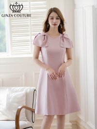 [送料無料][GINZA COUTURE]ピンク・ベージュ・レッド・ブラック ・半袖・シンプル ・Ａライン・リボン・ミニドレス・ワンピース[即日発送][大きいサイズあり]