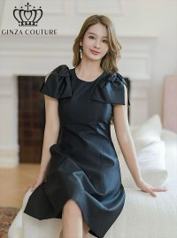 [送料無料][GINZA COUTURE]ブラック・レッド・ピンク・ベージュ・半袖・シンプル・Ａライン・リボン・ミニドレス・ワンピース[即日発送][大きいサイズあり]