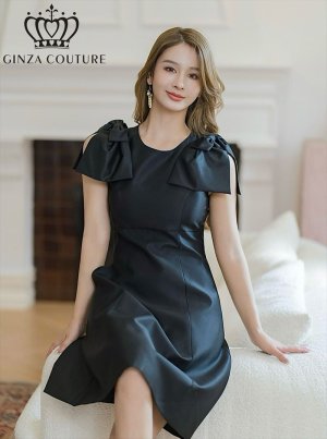 画像1: [送料無料][GINZA COUTURE]ブラック・レッド・ピンク・ベージュ・半袖・シンプル・Ａライン・リボン・ミニドレス・ワンピース[即日発送][大きいサイズあり]