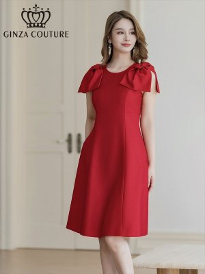 画像2: [送料無料][GINZA COUTURE]レッド・ピンク・ベージュ・ブラック・半袖・シンプル・Ａライン・リボン・ミニドレス・ワンピース[即日発送][大きいサイズあり]