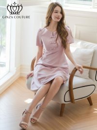 [送料無料][GINZA COUTURE]ピンク・レッド・半袖・シンプル・リボン・Ａライン・ミニドレス・ワンピース[即日発送][大きいサイズあり]