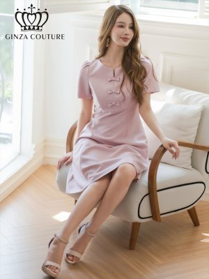 画像1: [送料無料][GINZA COUTURE]ピンク・レッド・半袖・シンプル・リボン・Ａライン・ミニドレス・ワンピース[即日発送][大きいサイズあり]