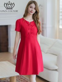 [送料無料][GINZA COUTURE]レッド・ピンク・半袖・シンプル・リボン・Ａライン・膝丈・ワンピース[即日発送][大きいサイズあり]