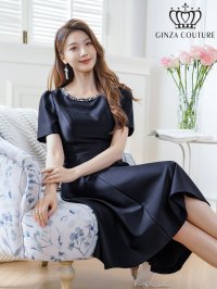 [送料無料][GINZA COUTURE]ネイビー・ピンク・半袖・ビジュー・ポケット・シンプル・Aライン・ミディアムドレス・ワンピース[即日発送][大きいサイズあり]