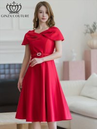 [送料無料][GINZA COUTURE]レッド・ブラック・ピンク・ケープ風・ベルト・シンプル・Ａライン・ミディアムドレス・ワンピース[即日発送][大きいサイズあり]