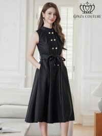 [送料無料][GINZA COUTURE]ブラック・ワインレッド・ボタン・ノースリーブ・Aライン・ミディアムドレス・ワンピース[即日発送][大きいサイズあり]