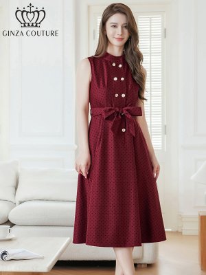 画像2: [送料無料][GINZA COUTURE]ワインレッド・ブラック・ボタン・ノースリーブ・Aライン・ミディアムドレス・ワンピース[即日発送][大きいサイズあり]