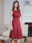 画像2: [送料無料][GINZA COUTURE]レッド・ネイビー・ブラック・ドット・ハイウエスト・ノースリーブ・Aライン・ミディアムドレス・ワンピース[即日発送][大きいサイズあり] (2)