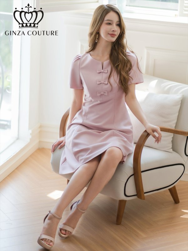 画像1: [送料無料][GINZA COUTURE]ピンク・レッド・半袖・シンプル・リボン・Ａライン・ミニドレス・ワンピース[即日発送][大きいサイズあり] (1)