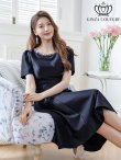 画像1: [送料無料][GINZA COUTURE]ネイビー・ピンク・半袖・ビジュー・ポケット・シンプル・Aライン・ミディアムドレス・ワンピース[即日発送][大きいサイズあり] (1)